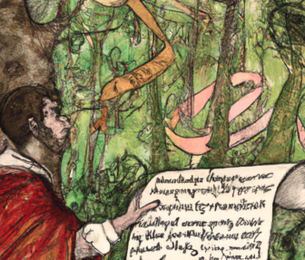 a ink drawing of a person in a fairy tale forest with a scroll
