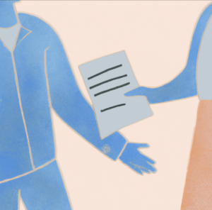 a person hands another person a document