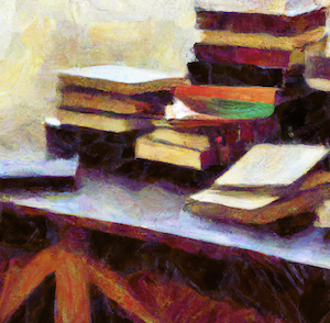 Painting of a pile of books on a table